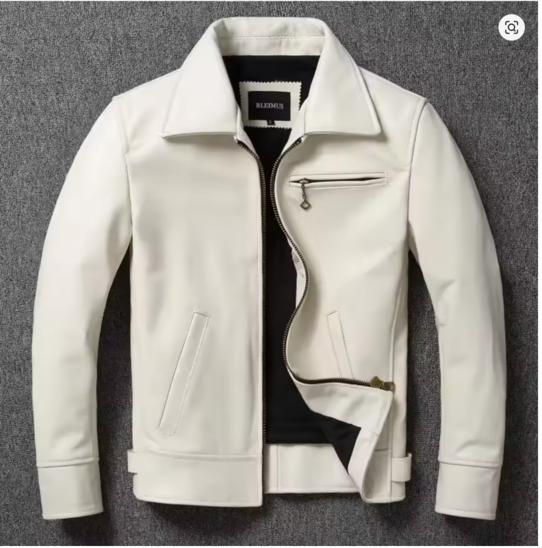 Men's Genuine Leather Jacket White Lapel Calfskin Jacket Natural Cowhide Men's Coat Slim Fit Top Layer Cowhide Biker Jacket